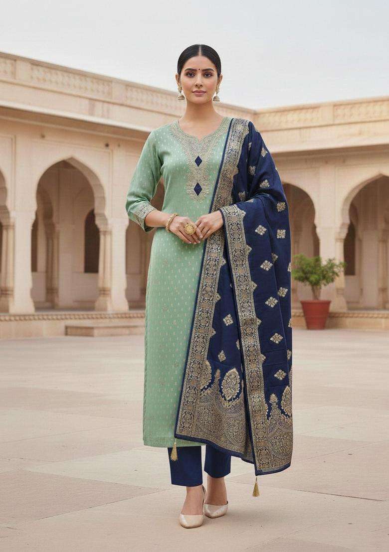 Blue Embroidery Silk Kurta Set - Indya