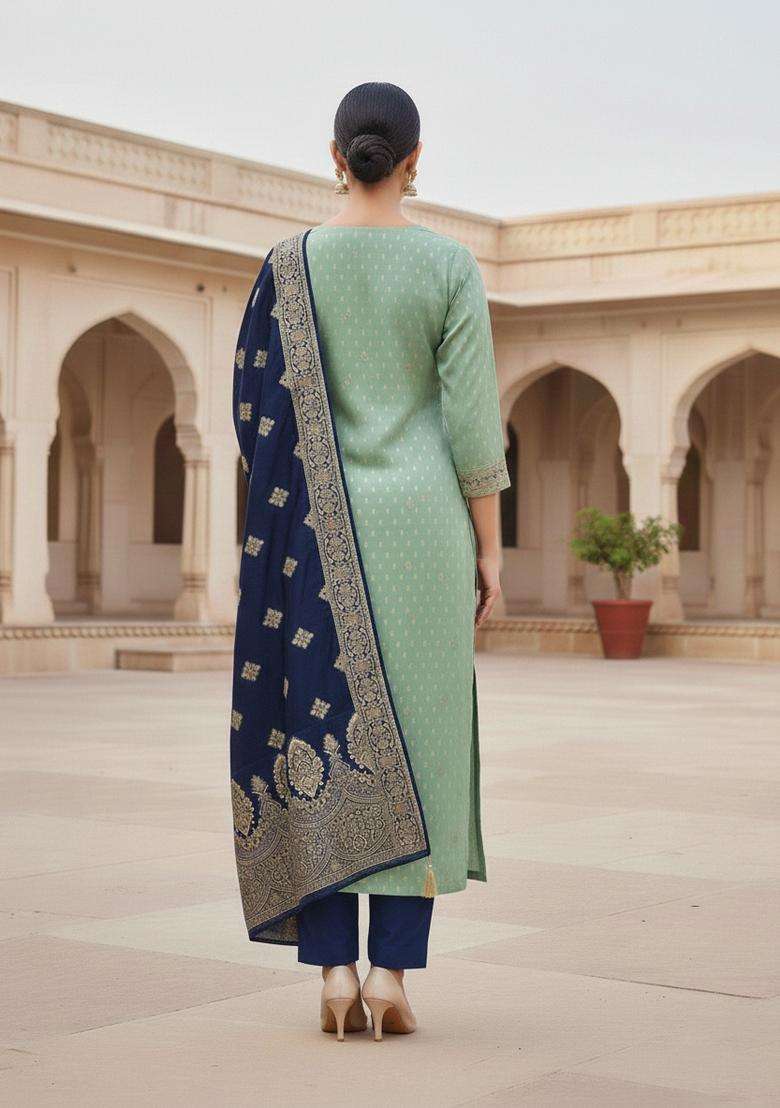 Blue Embroidery Silk Kurta Set - Indya