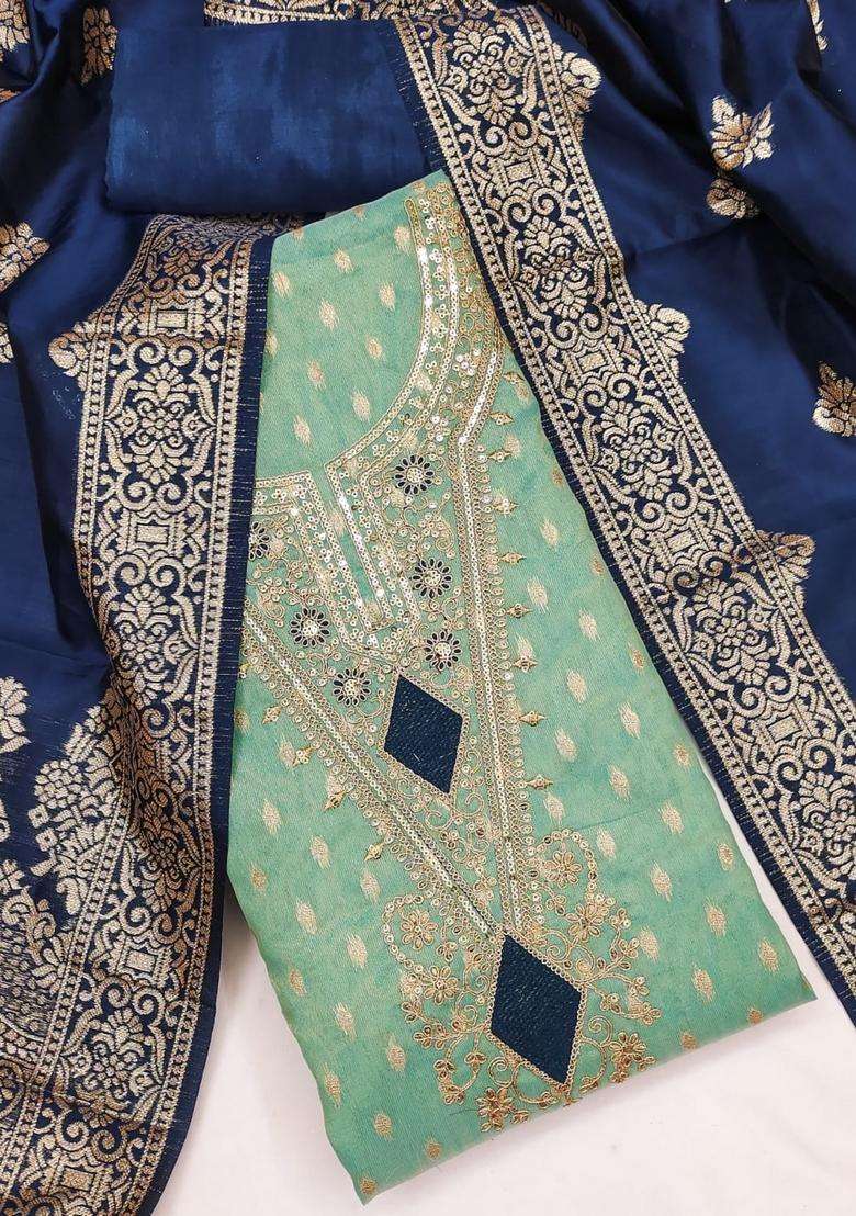 Blue Embroidery Silk Kurta Set - Indya