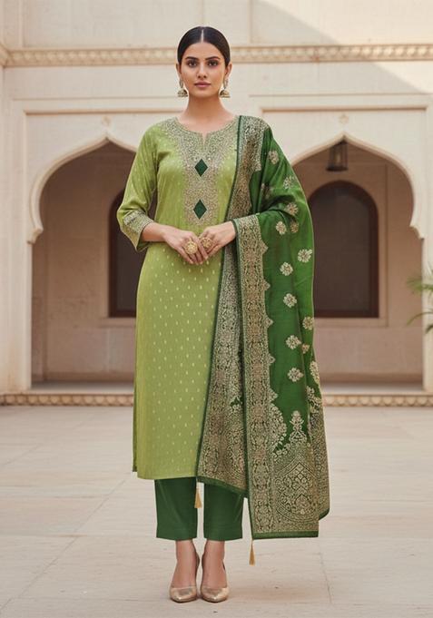 Green Embroidery Silk Kurta Set