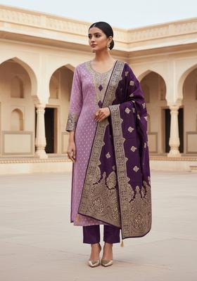Lavender Embroidery Silk Kurta Set