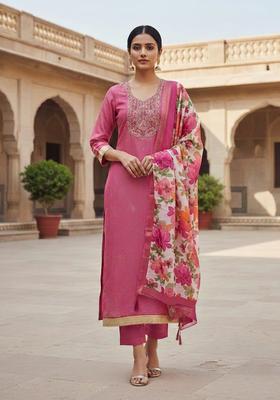 Pink Embroidery Chanderi Kurta Set