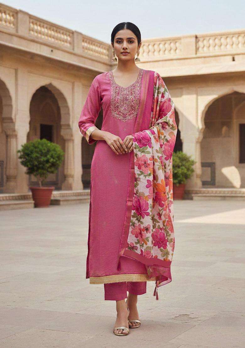 Pink Embroidery Chanderi Kurta Set - Indya