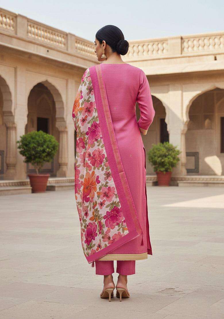 Pink Embroidery Chanderi Kurta Set - Indya
