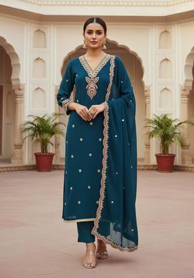 Blue Embroidery Silk Kurta Set