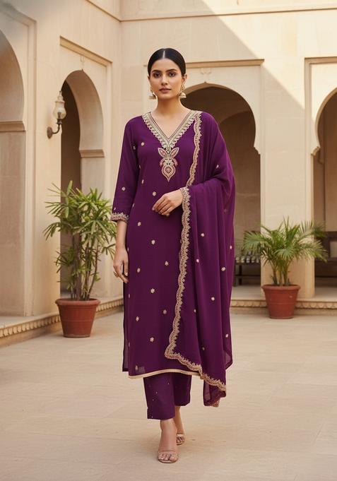 Purple Embroidery Silk Kurta Set