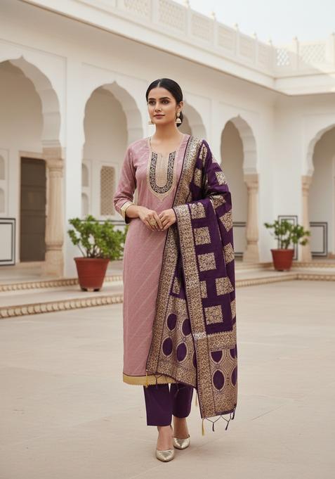 Pink Embroidery Chanderi Kurta Set