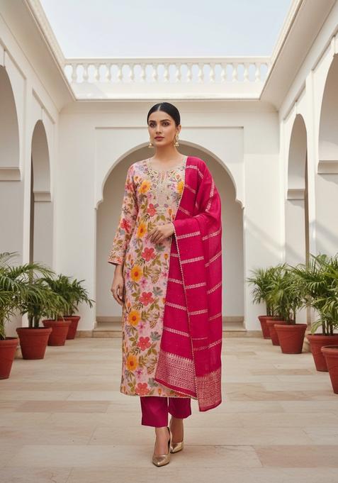 Pink Embroidery Shimmer Kurta Set