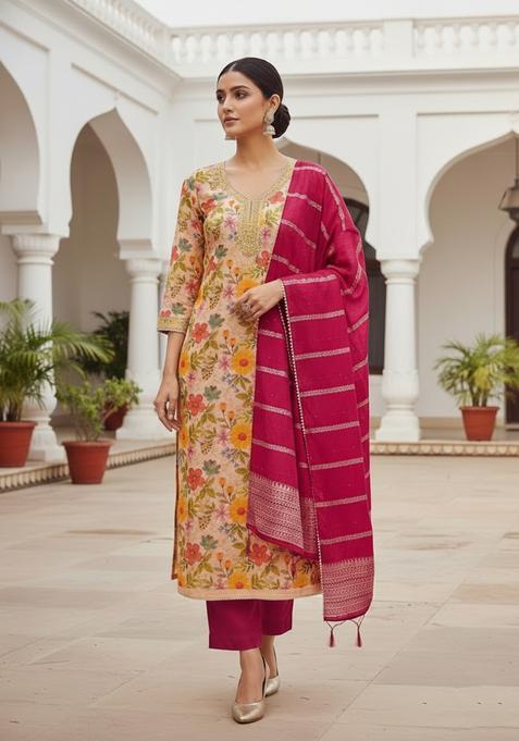 Peach Embroidery Shimmer Kurta Set