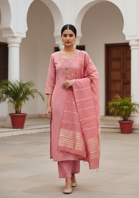 Pink Embroidery Chanderi Kurta Set