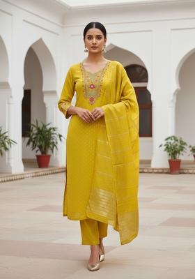 Yellow Embroidery Chanderi Kurta Set