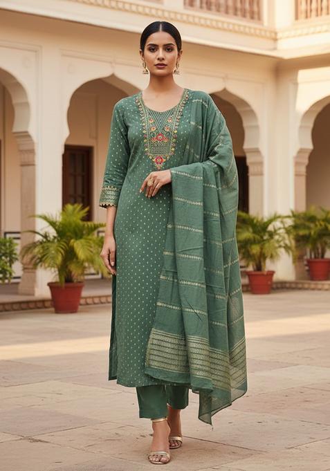 Sea Green Embroidery Chanderi Kurta Set