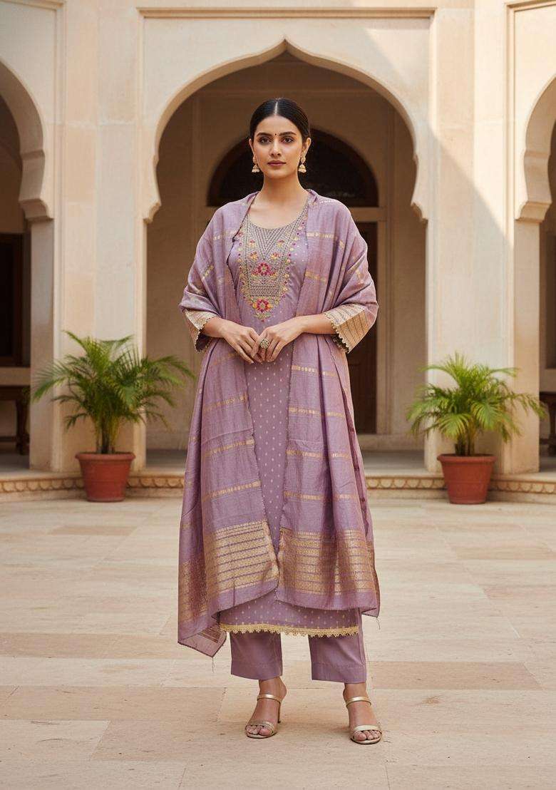 Lavender Embroidery Chanderi Kurta Set - Indya