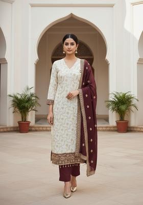 Maroon Embroidery Silk Kurta Set