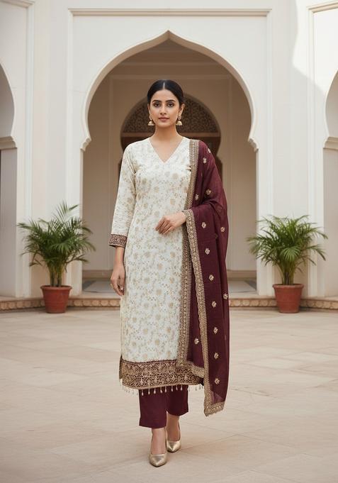 Maroon Embroidery Silk Kurta Set