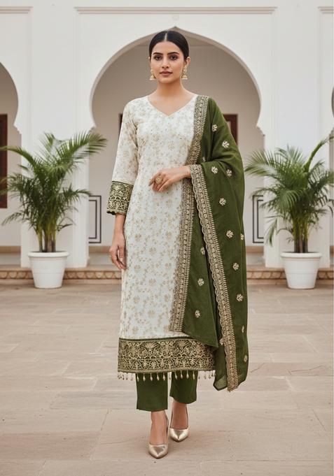 Green Embroidery Silk Kurta Set
