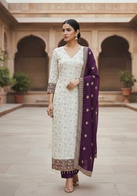 Purple Embroidery Silk Kurta Set