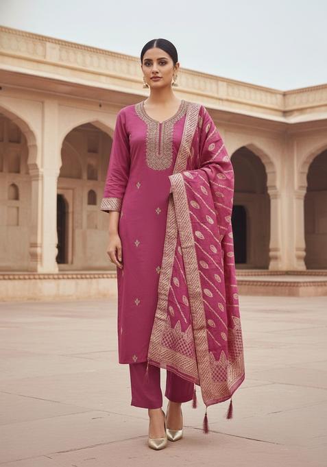 Pink Embroidery Silk Kurta Set