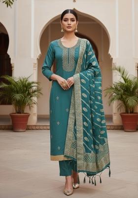 Teal Embroidery Silk Kurta Set