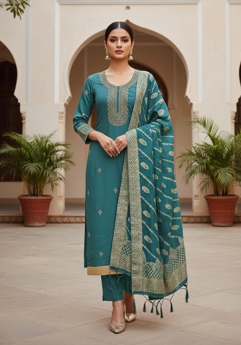 Teal Embroidery Silk Kurta Set