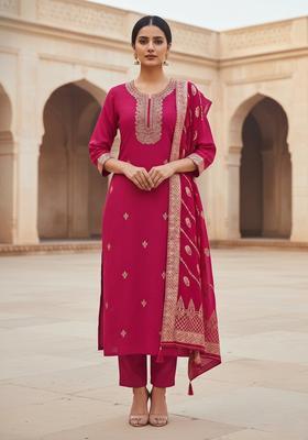 Magenta Embroidery Silk Kurta Set