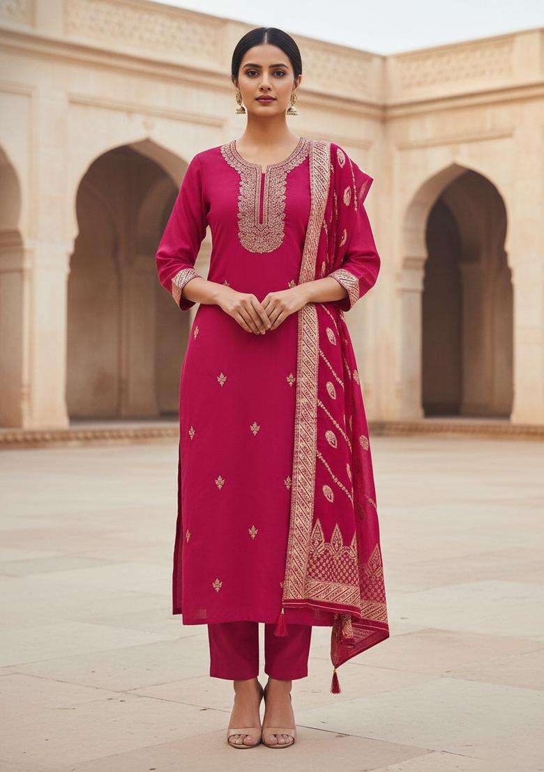 Magenta Embroidery Silk Kurta Set - Indya