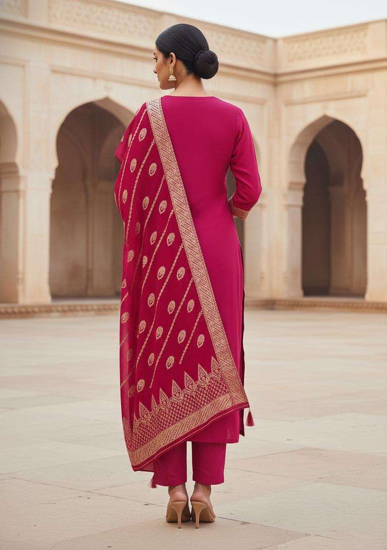 Magenta Embroidery Silk Kurta Set - Indya