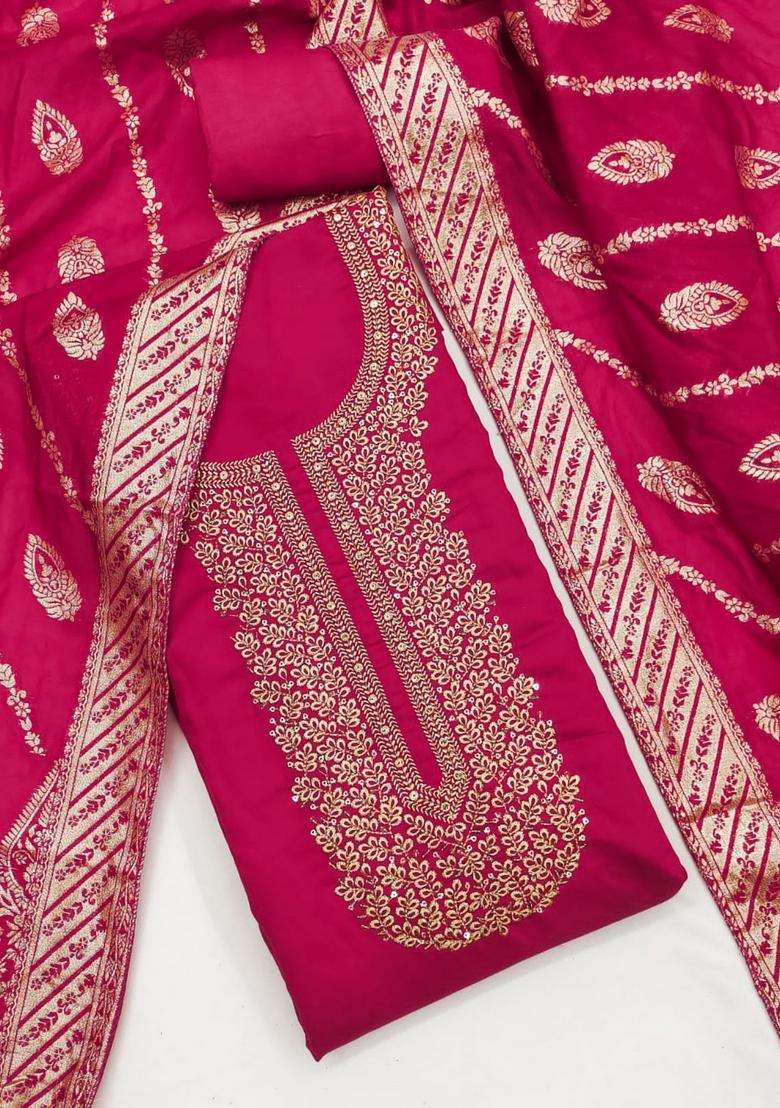 Magenta Embroidery Silk Kurta Set - Indya
