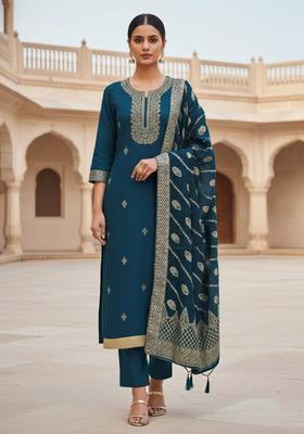 Blue Embroidery Silk Kurta Set