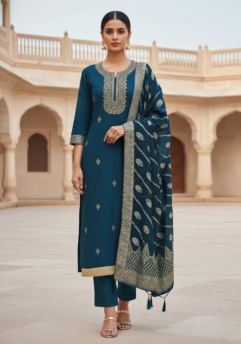 Blue Embroidery Silk Kurta Set