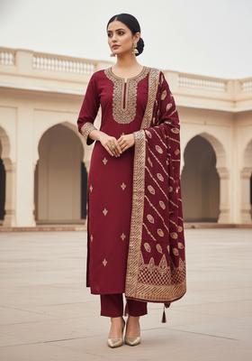 Red Embroidery Silk Kurta Set