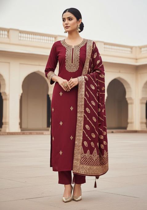 Red Embroidery Silk Kurta Set