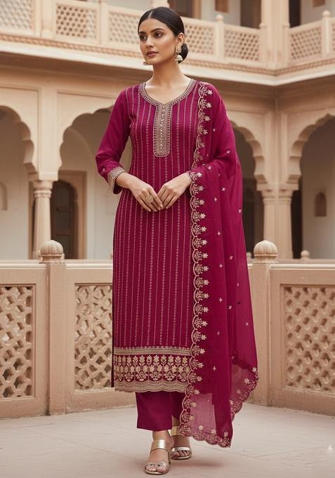 Pink Embroidery Silk Kurta Set