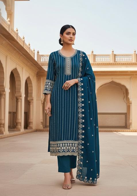 Blue Embroidery Silk Kurta Set