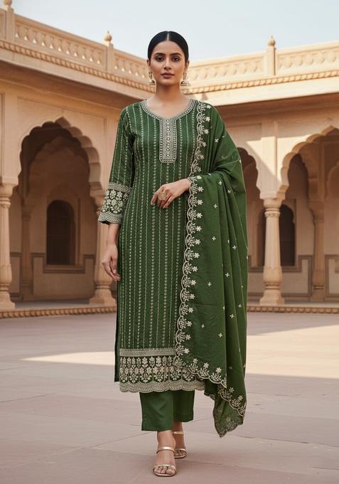 Green Embroidery Silk Kurta Set