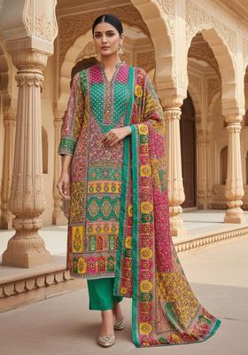 Teal Embroidery Crepe Kurta Set