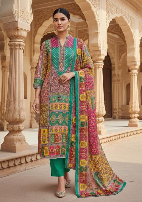 Teal Embroidery Crepe Kurta Set