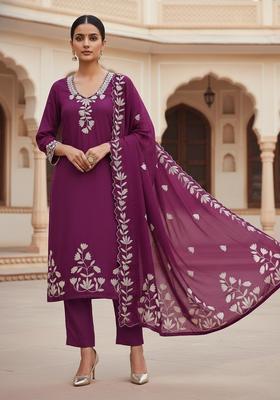 Purple Embroidery Silk Kurta Set