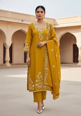 Yellow Embroidery Silk Kurta Set