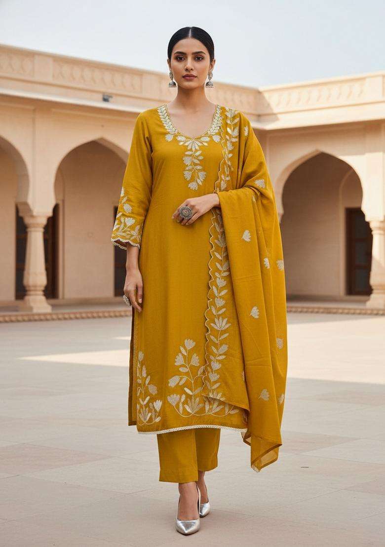 Yellow Embroidery Silk Kurta Set - Indya