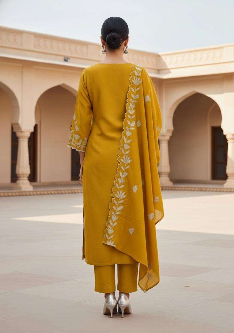 Yellow Embroidery Silk Kurta Set - Indya