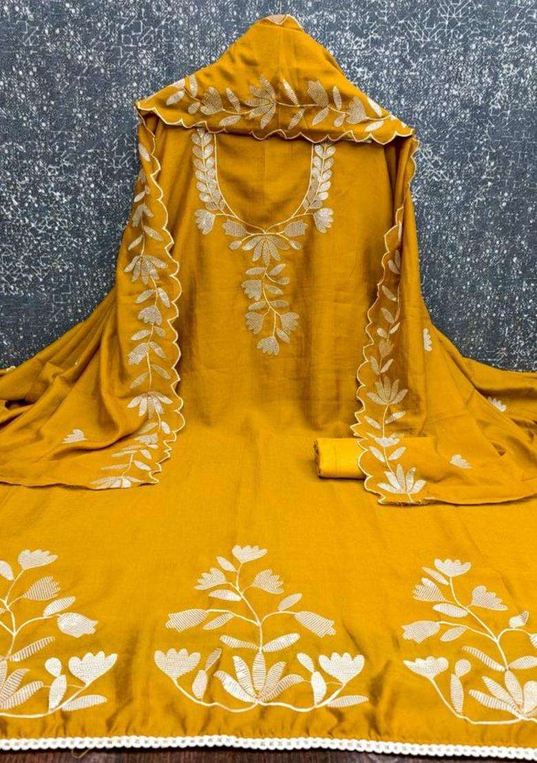 Yellow Embroidery Silk Kurta Set - Indya