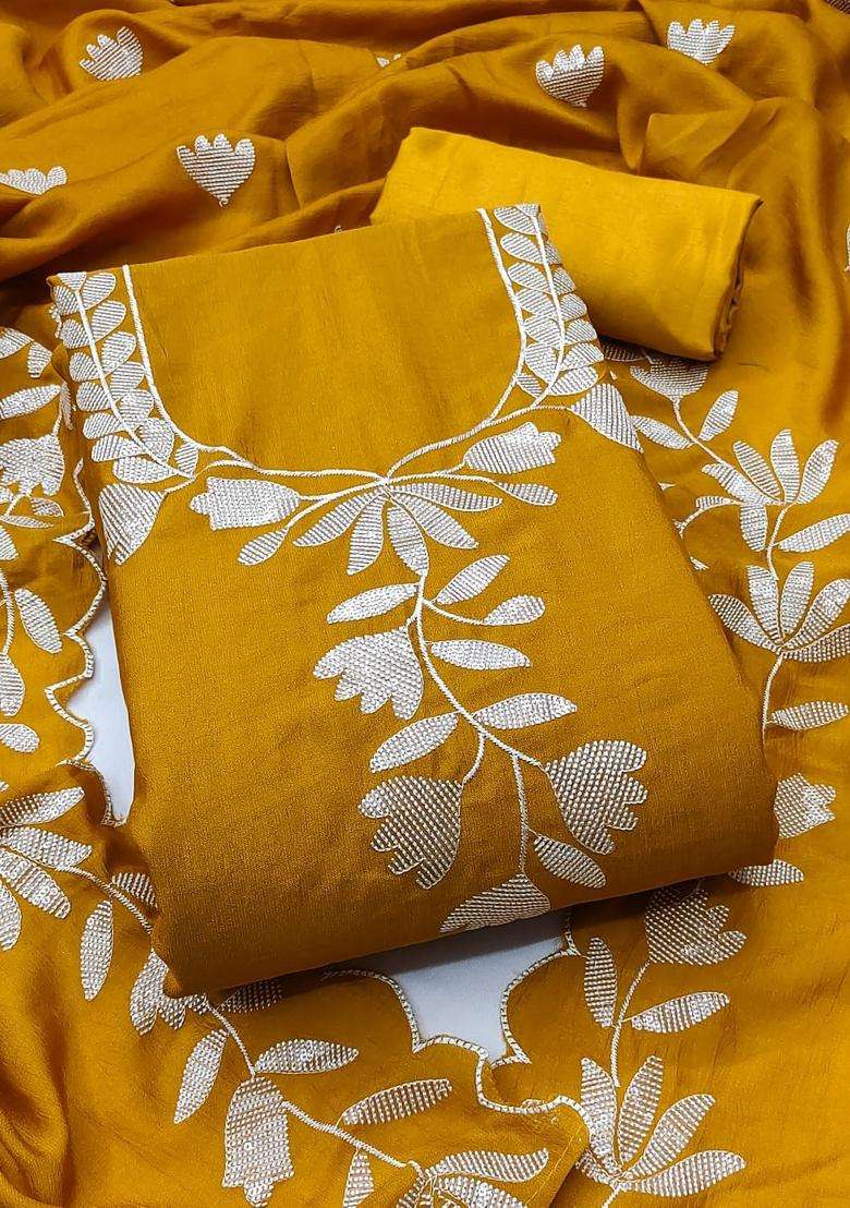 Yellow Embroidery Silk Kurta Set - Indya