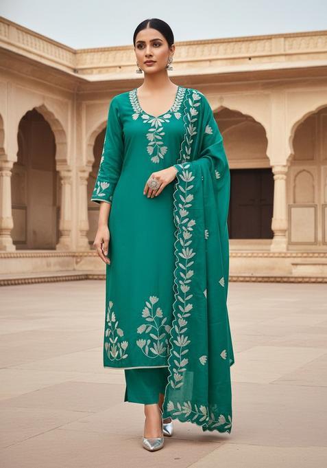 Teal Embroidery Silk Kurta Set