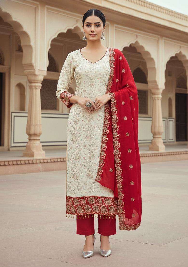 Red Embroidery Silk Kurta Set - Indya