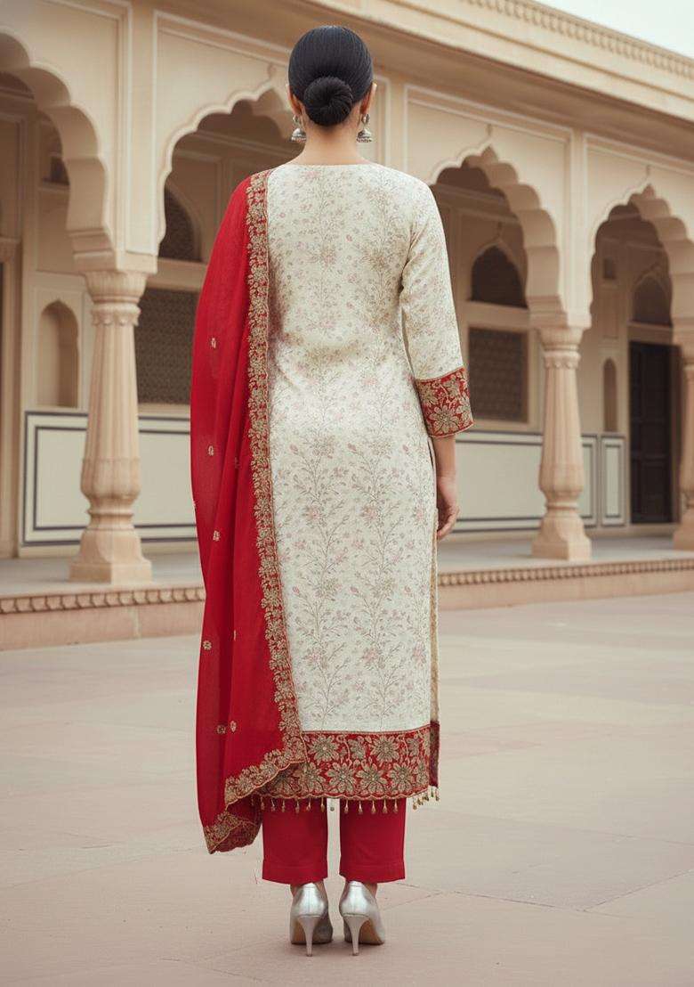Red Embroidery Silk Kurta Set - Indya