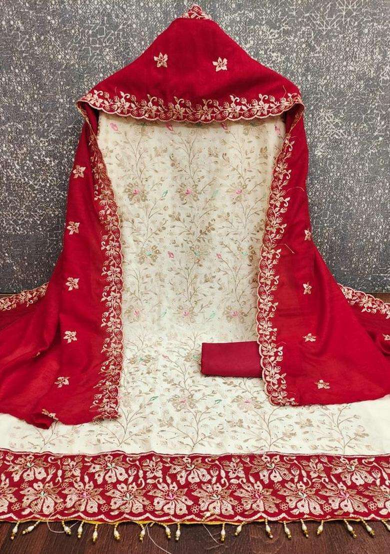 Red Embroidery Silk Kurta Set - Indya