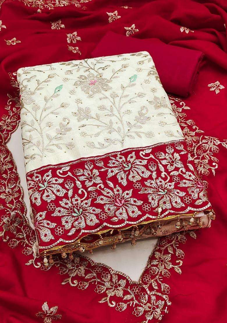 Red Embroidery Silk Kurta Set - Indya