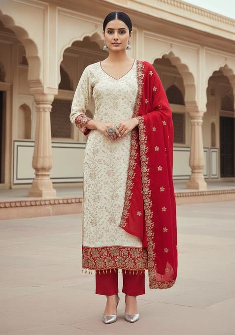 Red Embroidery Silk Kurta Set