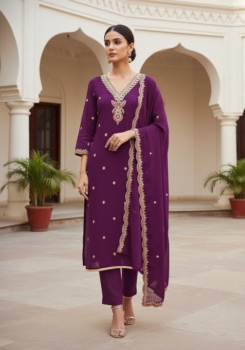 Purple Embroidery Silk Kurta Set